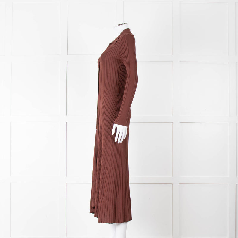 Sandro Brown Rib Knit Collared Dress with Gold Buttons