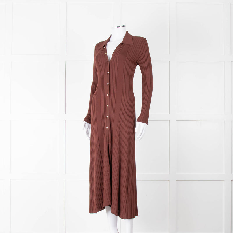 Sandro Brown Rib Knit Collared Dress with Gold Buttons