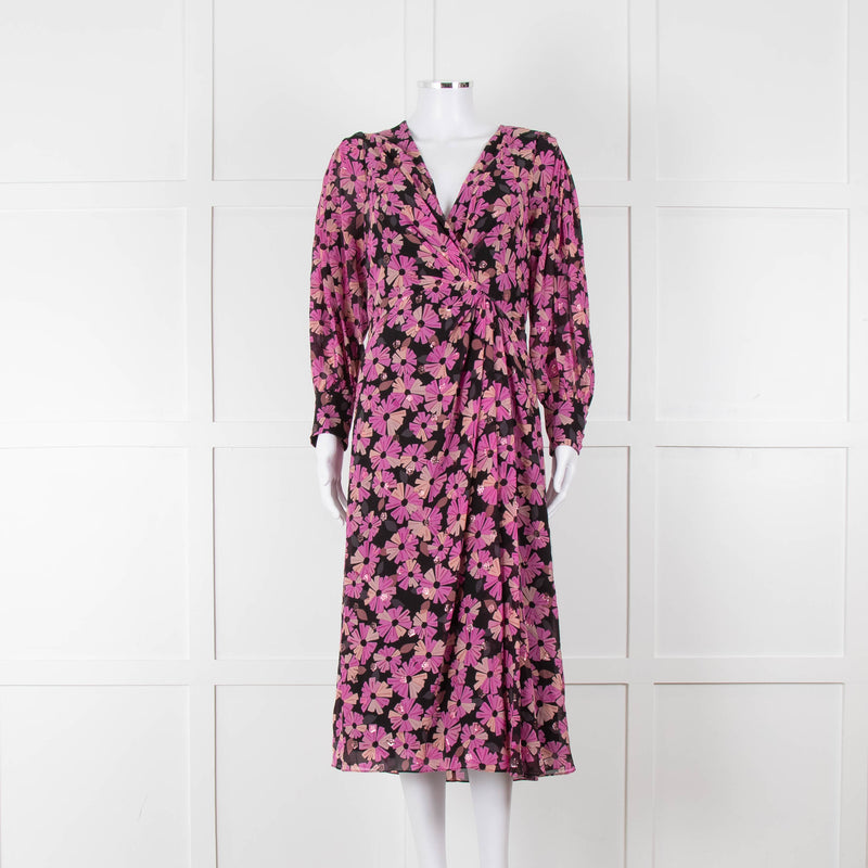 Kate Spade Black Pink Lurex Dot & Flower Print Midi Dress
