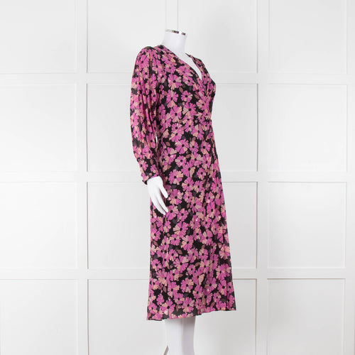 Kate Spade Black Pink Lurex Dot & Flower Print Midi Dress