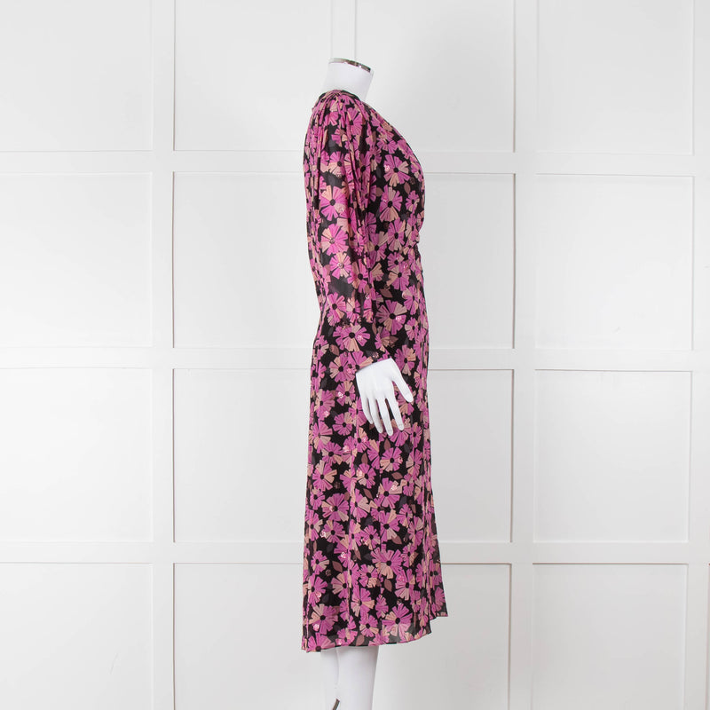 Kate Spade Black Pink Lurex Dot & Flower Print Midi Dress