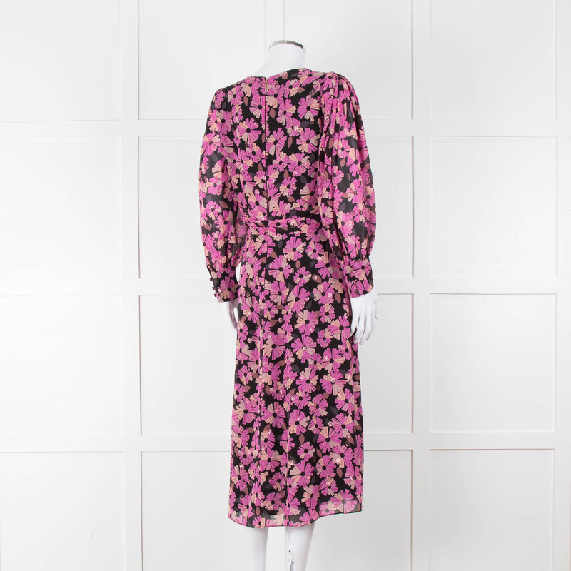 Kate Spade Black Pink Lurex Dot & Flower Print Midi Dress