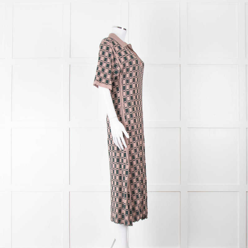 Kenzo Green and Pink Collared Knit Midi Dress