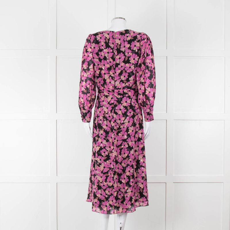 Kate Spade Black Pink Lurex Dot & Flower Print Midi Dress