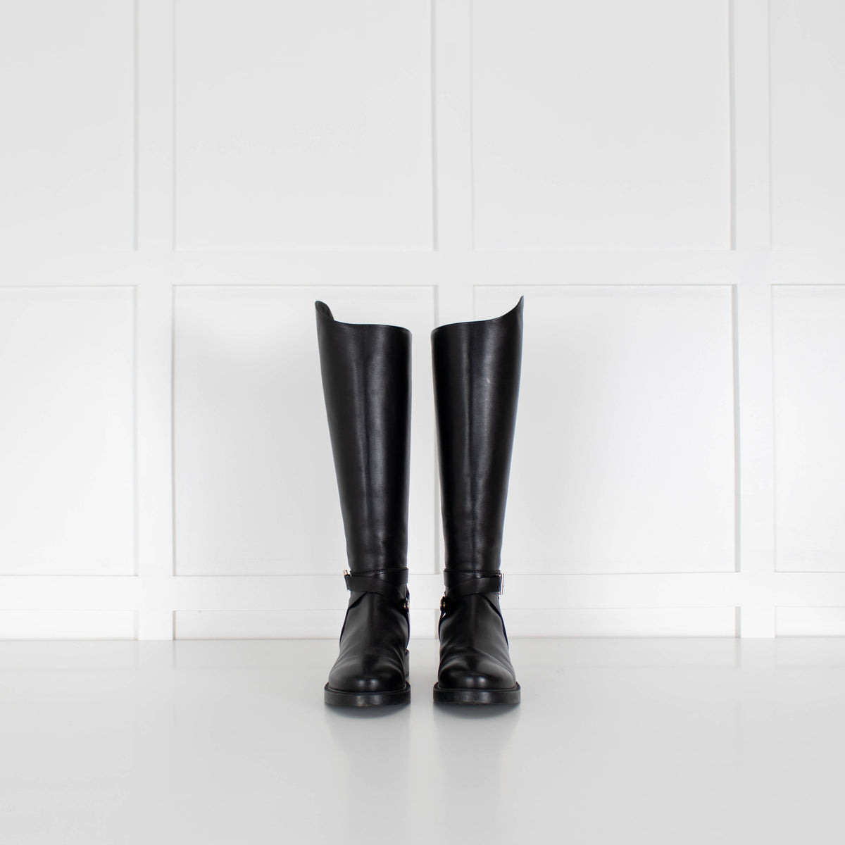 Tods Black Leather Riding-Style Double T-Buckle Strap Knee-High Boots