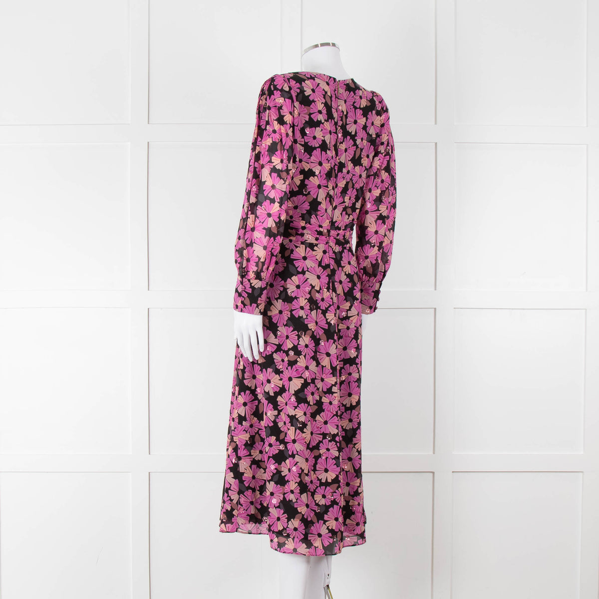 Kate Spade Black Pink Lurex Dot & Flower Print Midi Dress