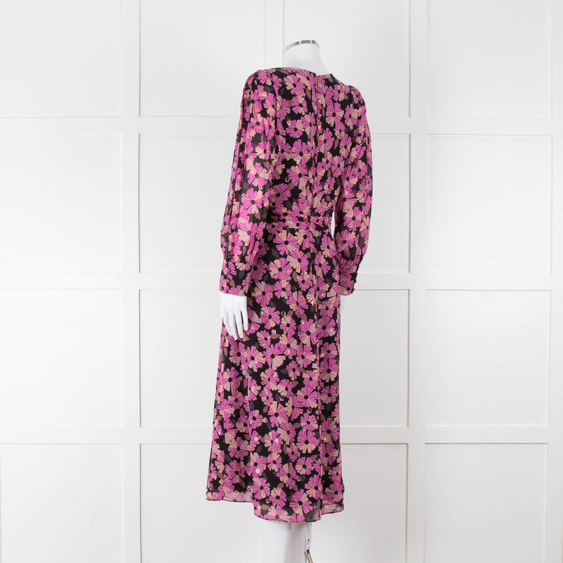 Kate Spade Black Pink Lurex Dot & Flower Print Midi Dress