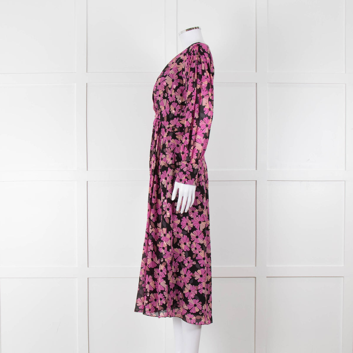 Kate Spade Black Pink Lurex Dot & Flower Print Midi Dress