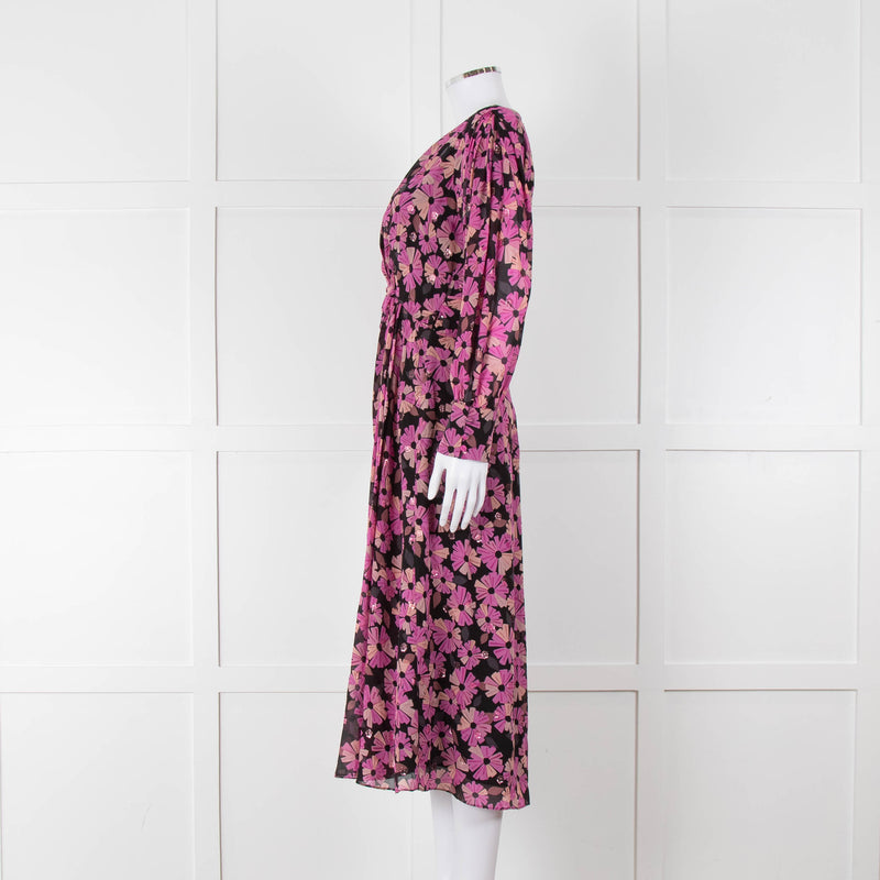 Kate Spade Black Pink Lurex Dot & Flower Print Midi Dress