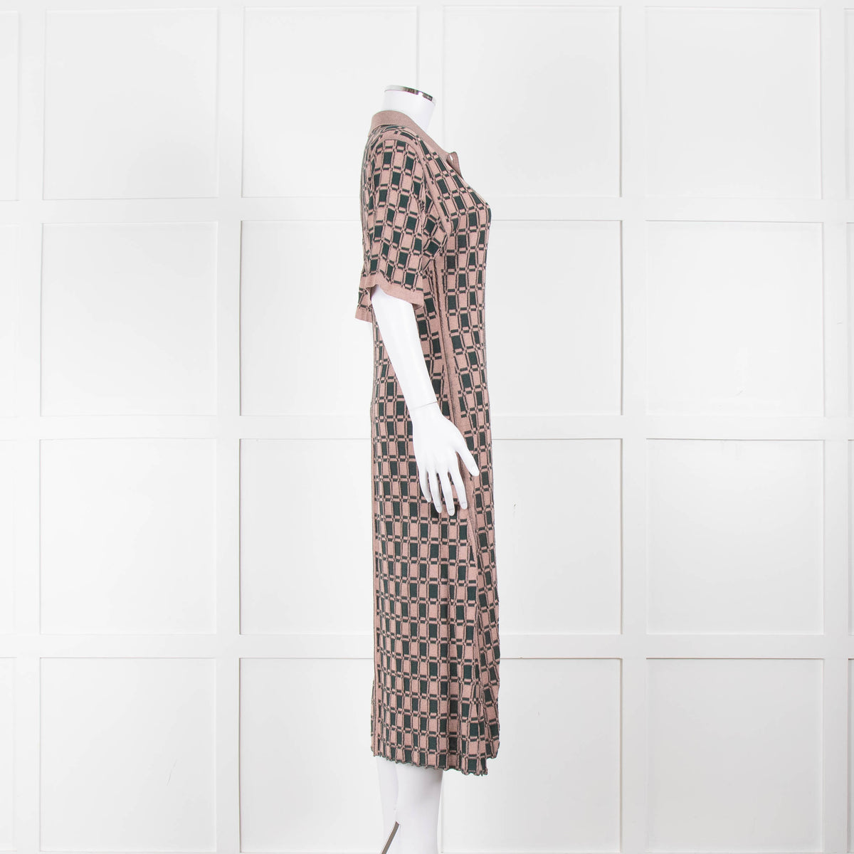 Kenzo Green and Pink Collared Knit Midi Dress