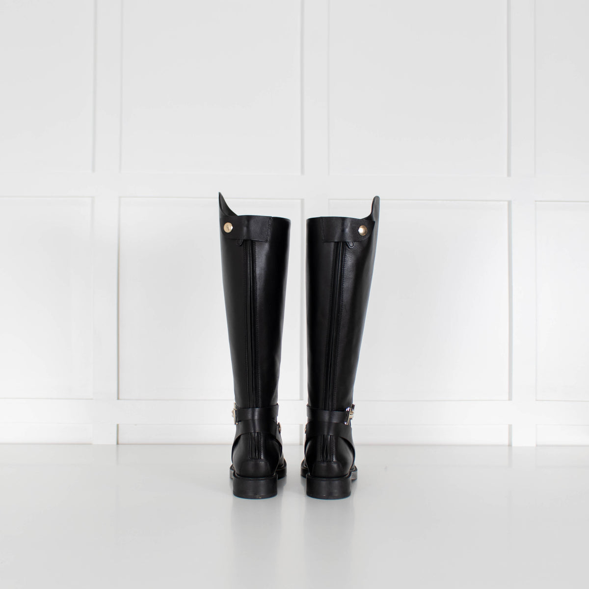 Tods Black Leather Riding-Style Double T-Buckle Strap Knee-High Boots