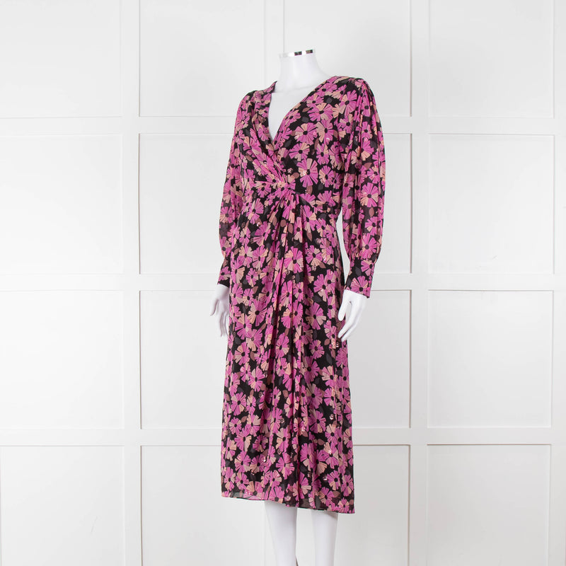 Kate Spade Black Pink Lurex Dot & Flower Print Midi Dress