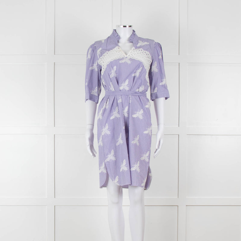 Sandro White Blue Striped Lace Bee Cotton Dress