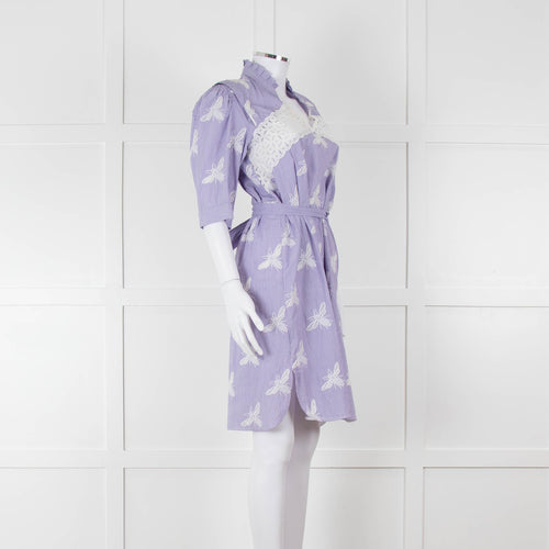 Sandro White Blue Striped Lace Bee Cotton Dress