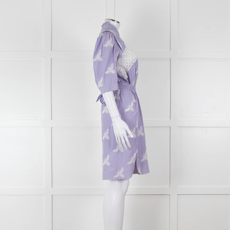 Sandro White Blue Striped Lace Bee Cotton Dress