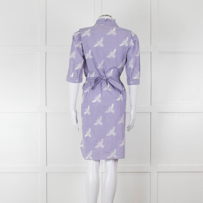 Sandro White Blue Striped Lace Bee Cotton Dress