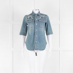 Zadig & Voltaire Blue Butterfly Embroidered Short Sleeve Denim Top