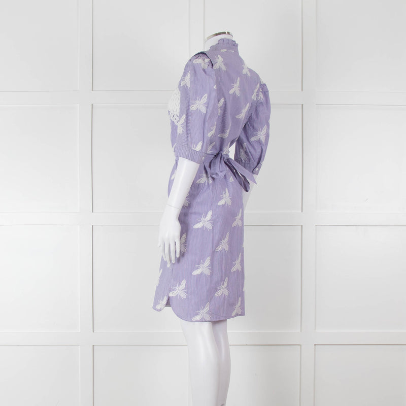 Sandro White Blue Striped Lace Bee Cotton Dress