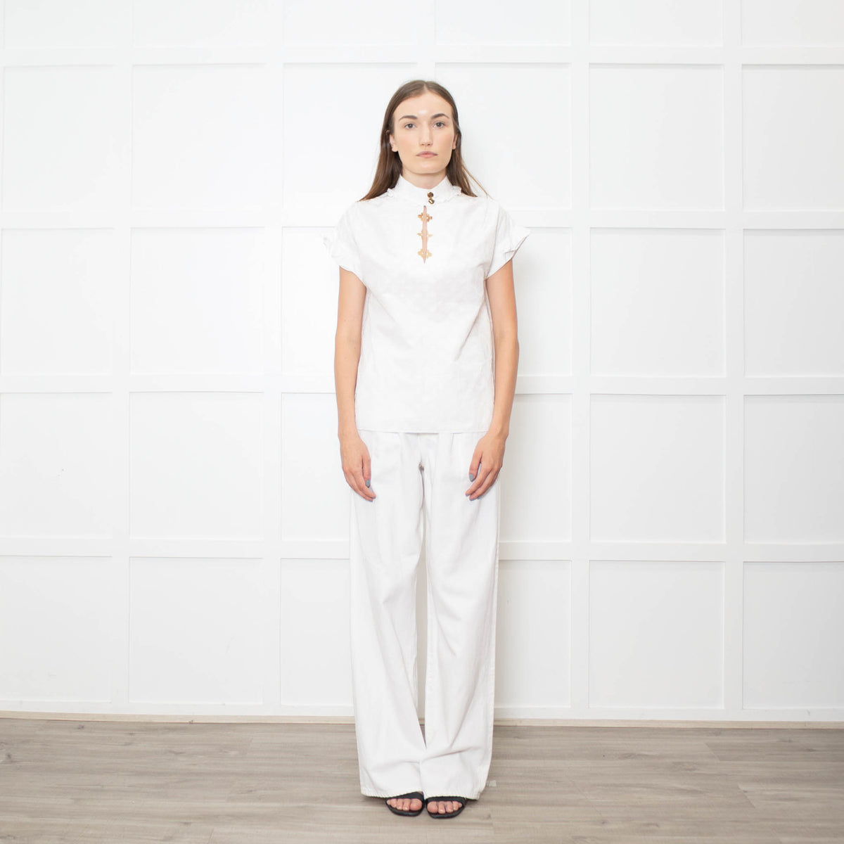 Louis Vuitton White On White Monogram Gold Buttons Cotton Top