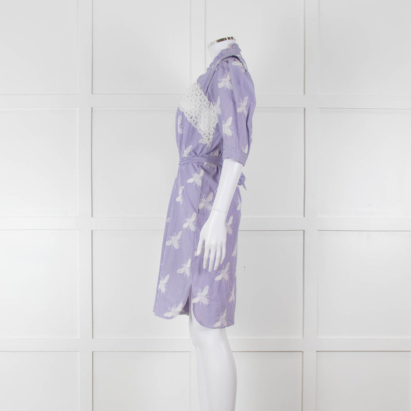 Sandro White Blue Striped Lace Bee Cotton Dress