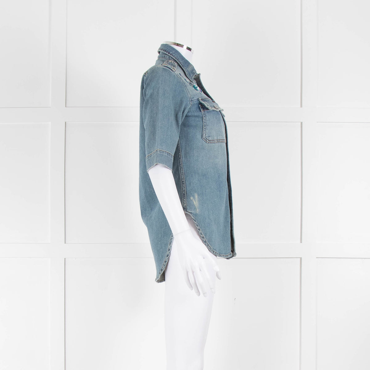 Zadig & Voltaire Blue Butterfly Embroidered Short Sleeve Denim Top
