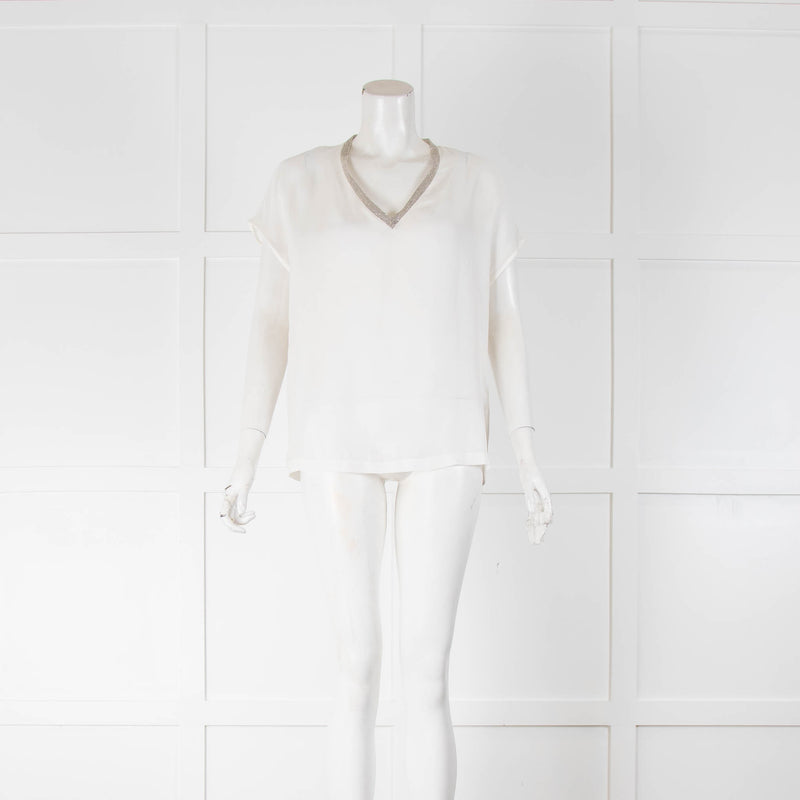 Fabiana Filippi White Cap Sleeve Silk Top with Sparkle Neckline