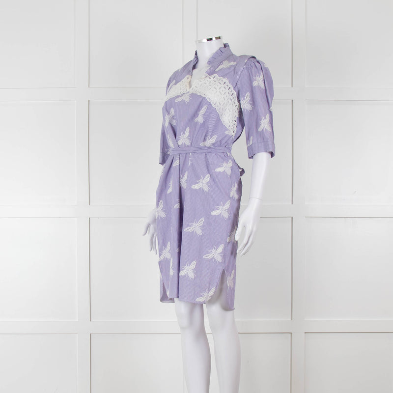 Sandro White Blue Striped Lace Bee Cotton Dress