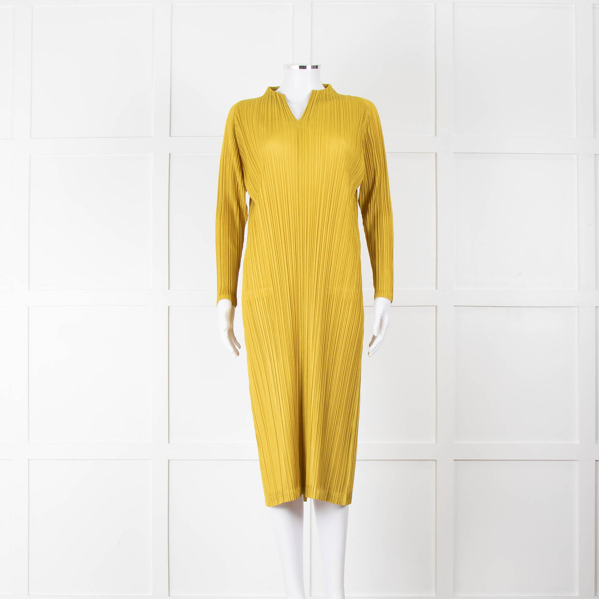 Pleats Please Moss Green V- Neck Plisse Dress