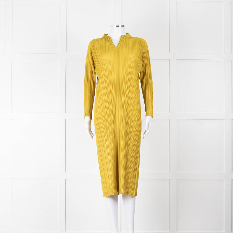 Pleats Please Moss Green V- Neck Plisse Dress