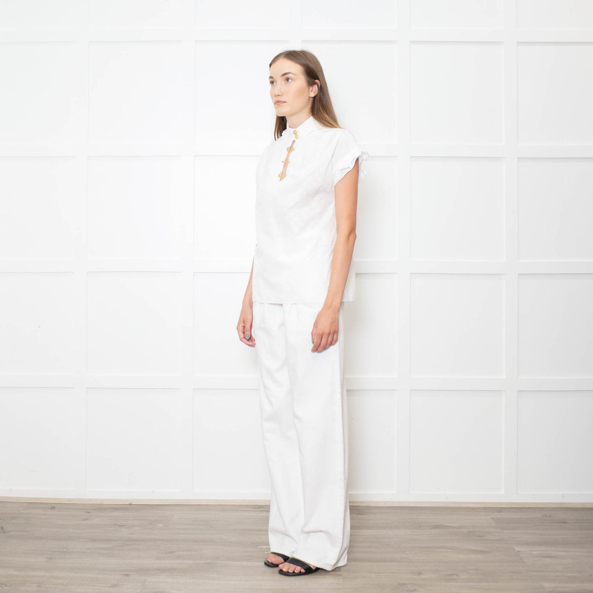 Louis Vuitton White On White Monogram Gold Buttons Cotton Top