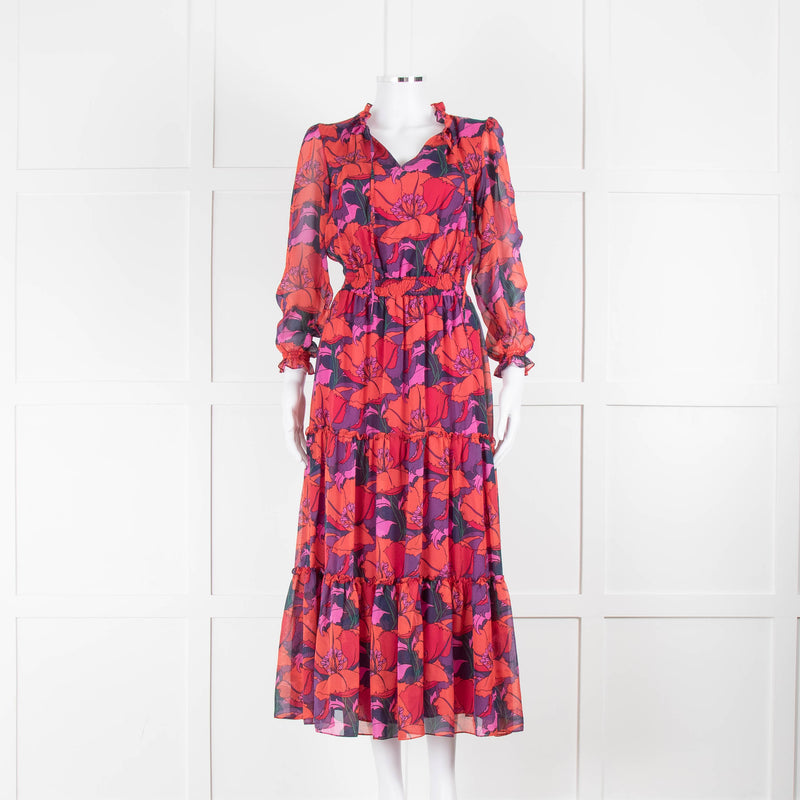 Ridley Red Purple Orange Poppy Print Silk Maxi Dress