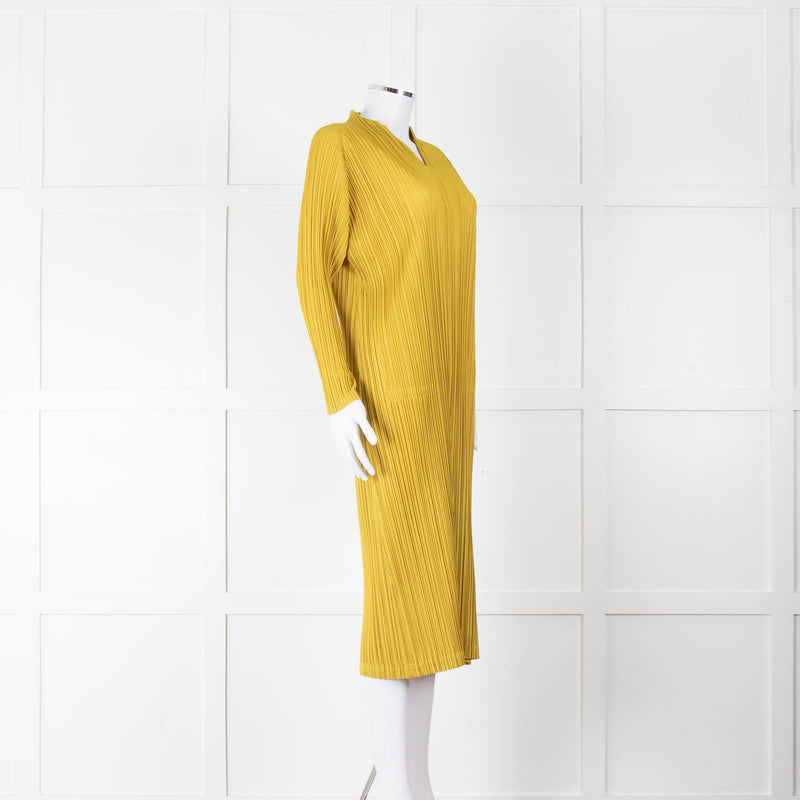 Pleats Please Moss Green V- Neck Plisse Dress