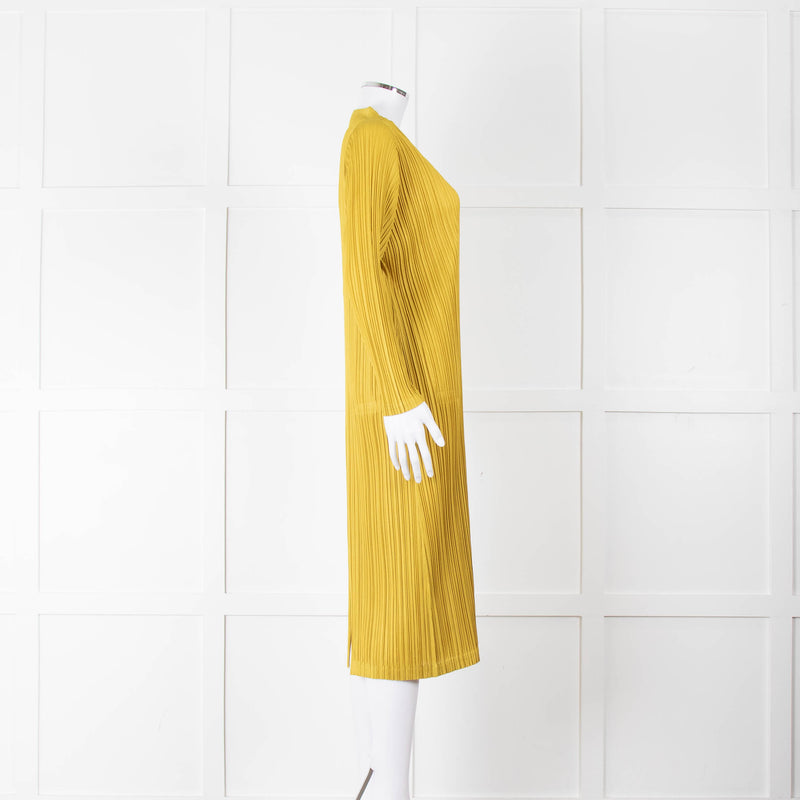 Pleats Please Moss Green V- Neck Plisse Dress