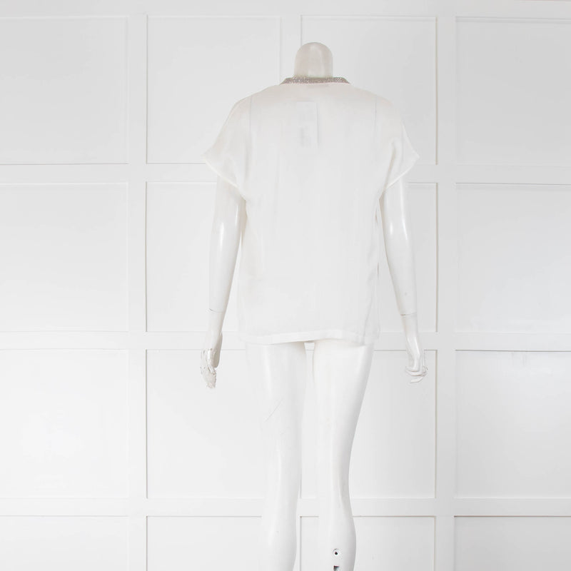 Fabiana Filippi White Cap Sleeve Silk Top with Sparkle Neckline