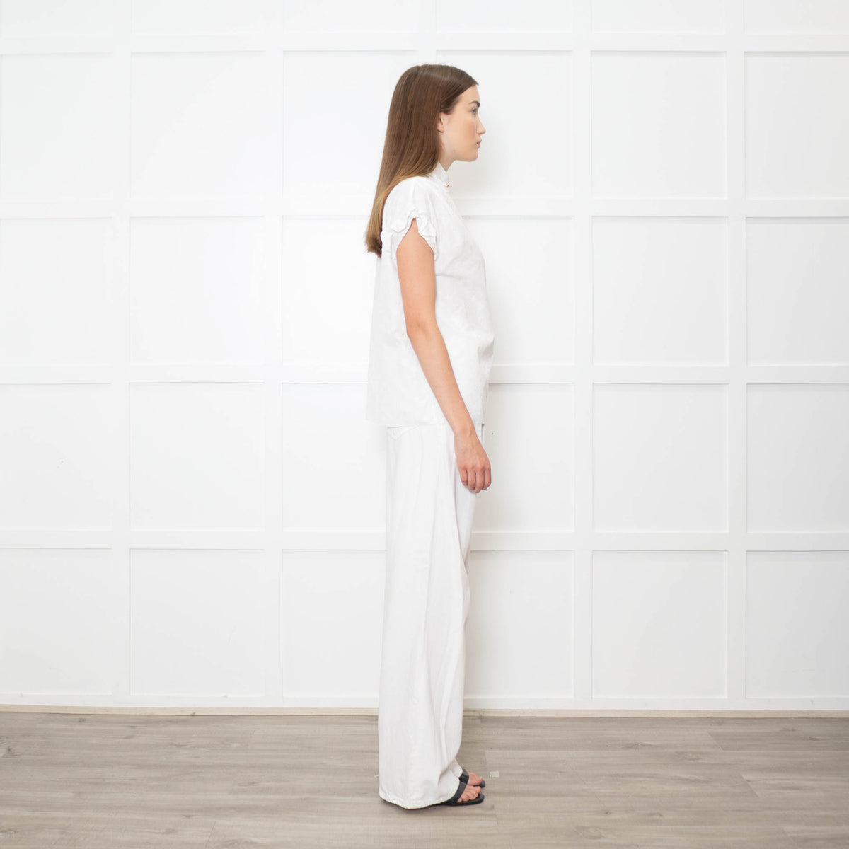 Louis Vuitton White On White Monogram Gold Buttons Cotton Top