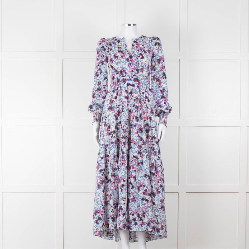 ME + EM White Blue Purple Floral Tiered Maxi Dress