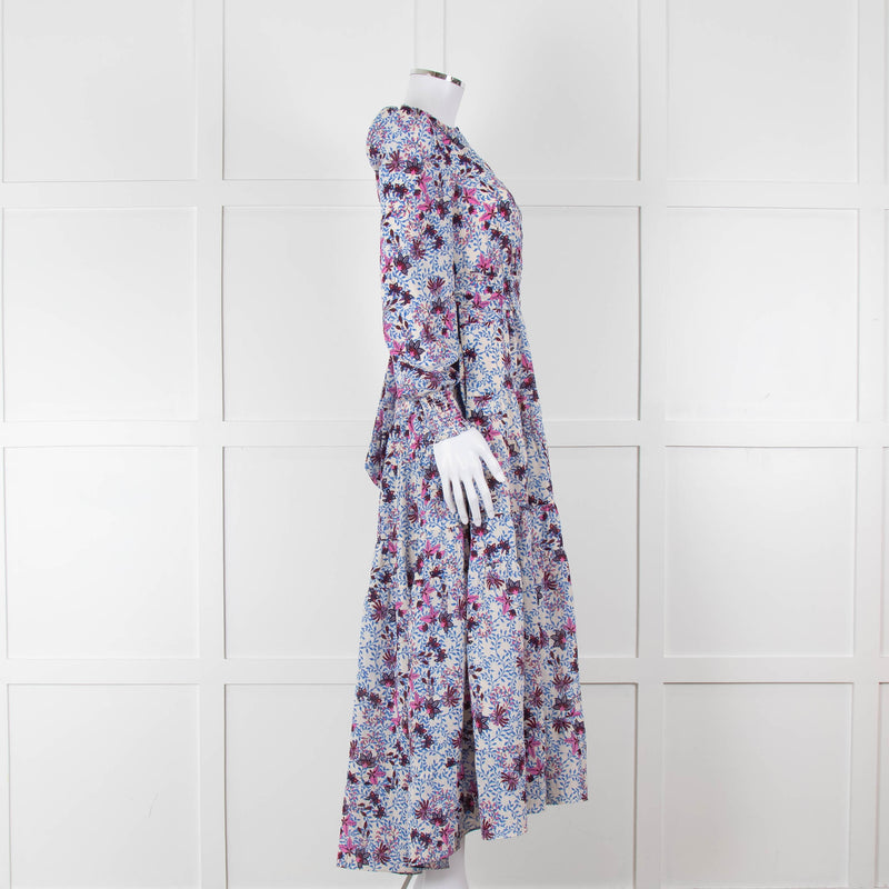 ME + EM White Blue Purple Floral Tiered Maxi Dress
