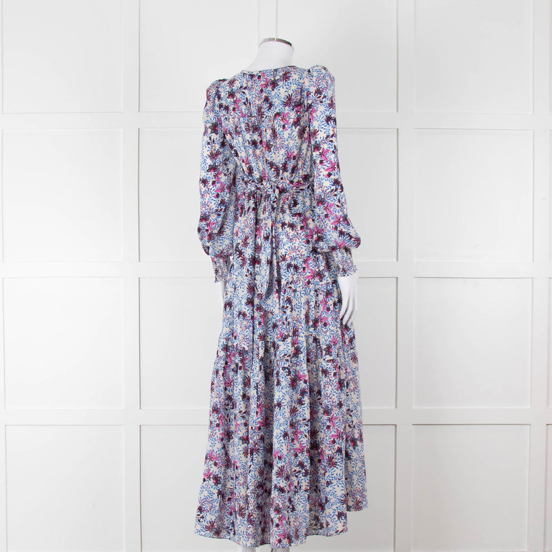 ME + EM White Blue Purple Floral Tiered Maxi Dress