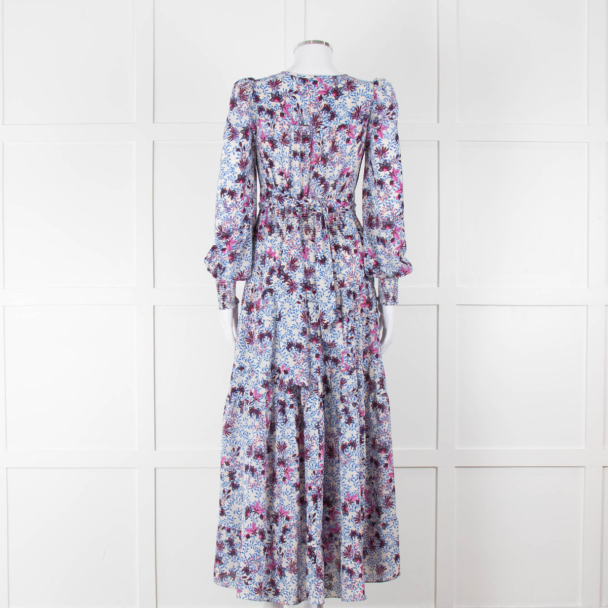 ME + EM White Blue Purple Floral Tiered Maxi Dress