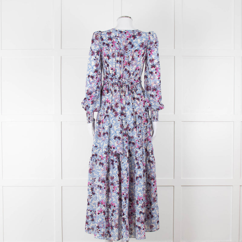 ME + EM White Blue Purple Floral Tiered Maxi Dress