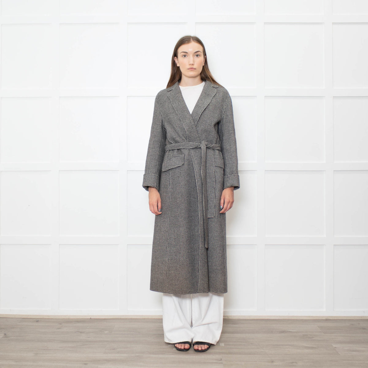 S Max Mara Houndstooth Wool Belted Coat