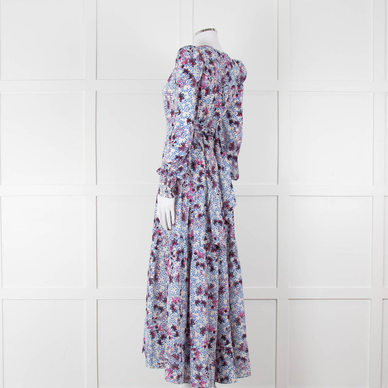 ME + EM White Blue Purple Floral Tiered Maxi Dress