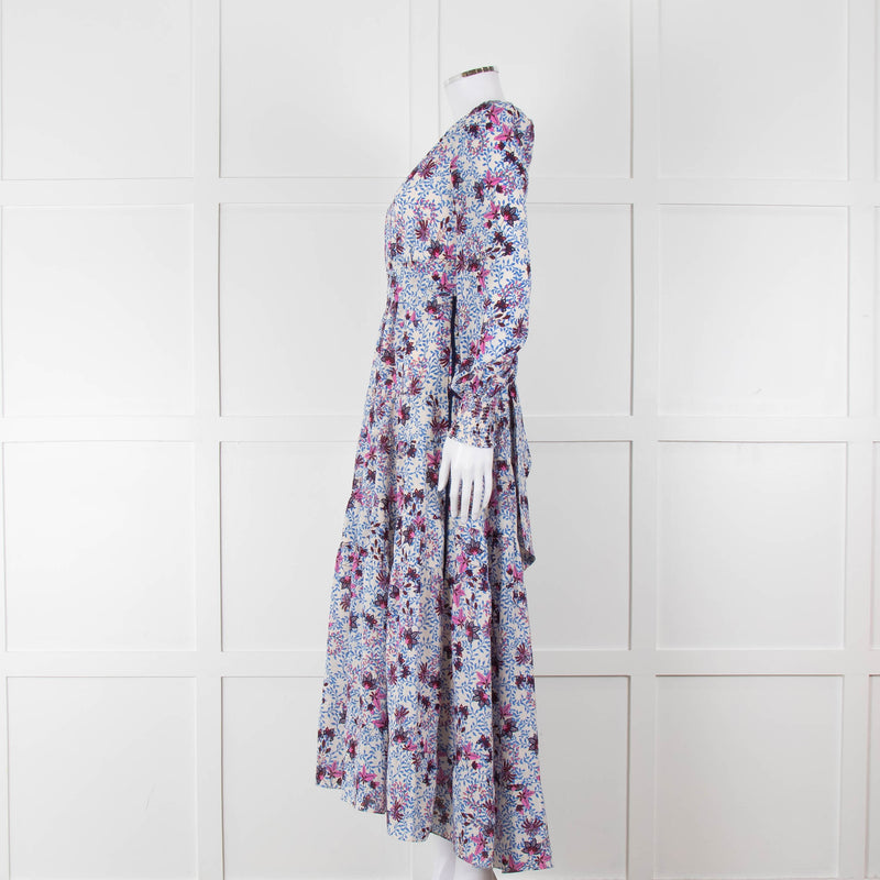 ME + EM White Blue Purple Floral Tiered Maxi Dress