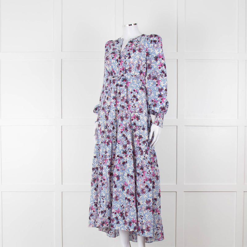 ME + EM White Blue Purple Floral Tiered Maxi Dress