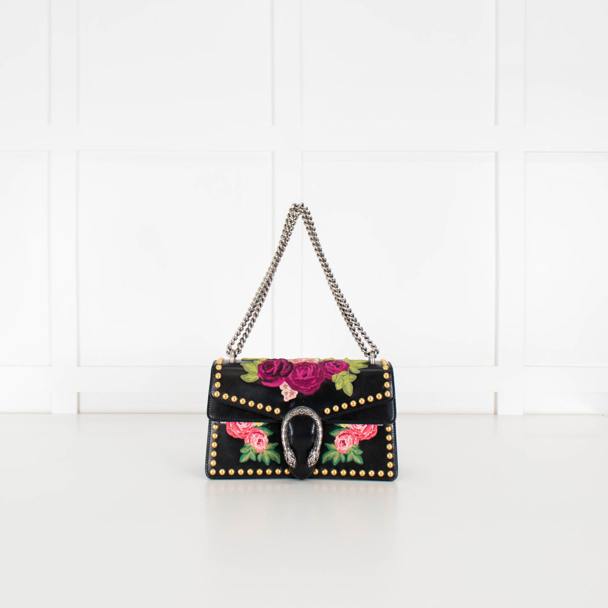 Gucci Black Calfskin Floral Embroidered Studded Small Dionysus Bag