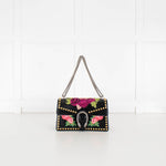 Gucci Black Calfskin Floral Embroidered Studded Small Dionysus Bag