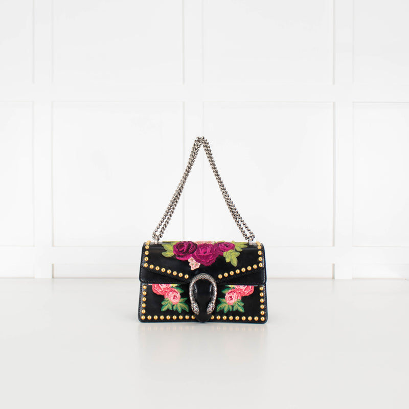 Gucci Black Calfskin Floral Embroidered Studded Small Dionysus Bag