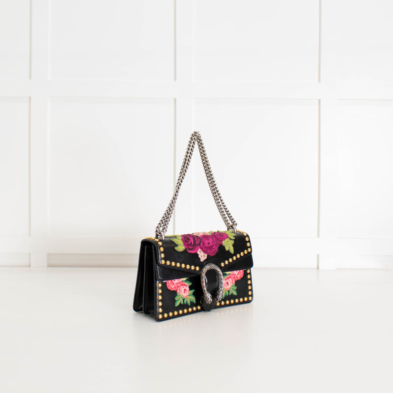 Gucci Black Calfskin Floral Embroidered Studded Small Dionysus Bag