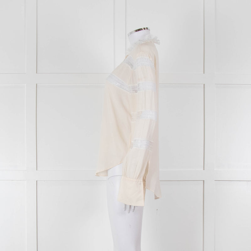 Sandro Cream Lace Trim High Neck Blouse