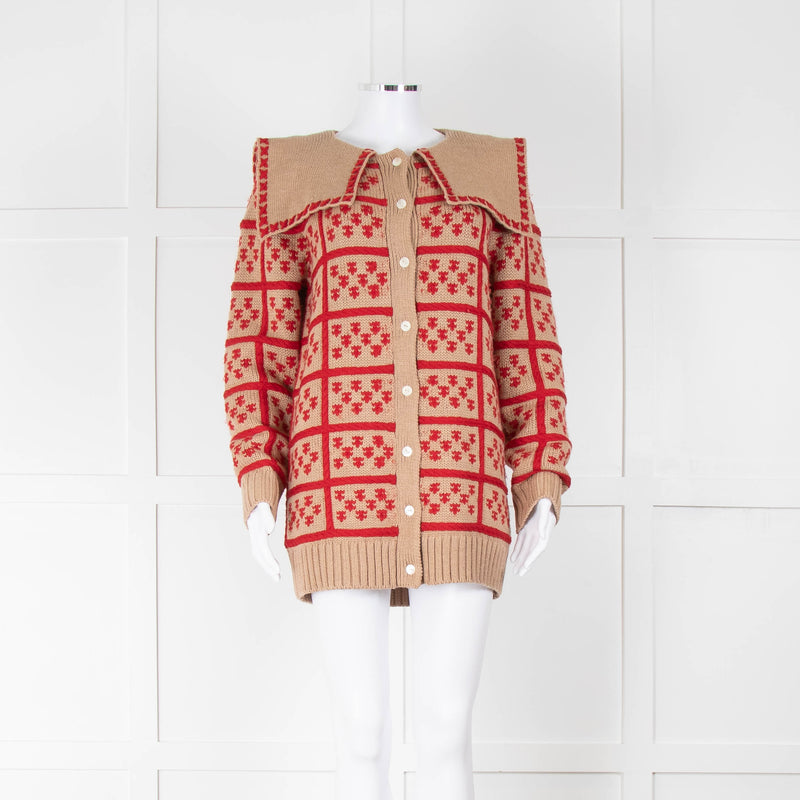 Shrimps Eric Camel and Red Cardigan With Oversized Collar